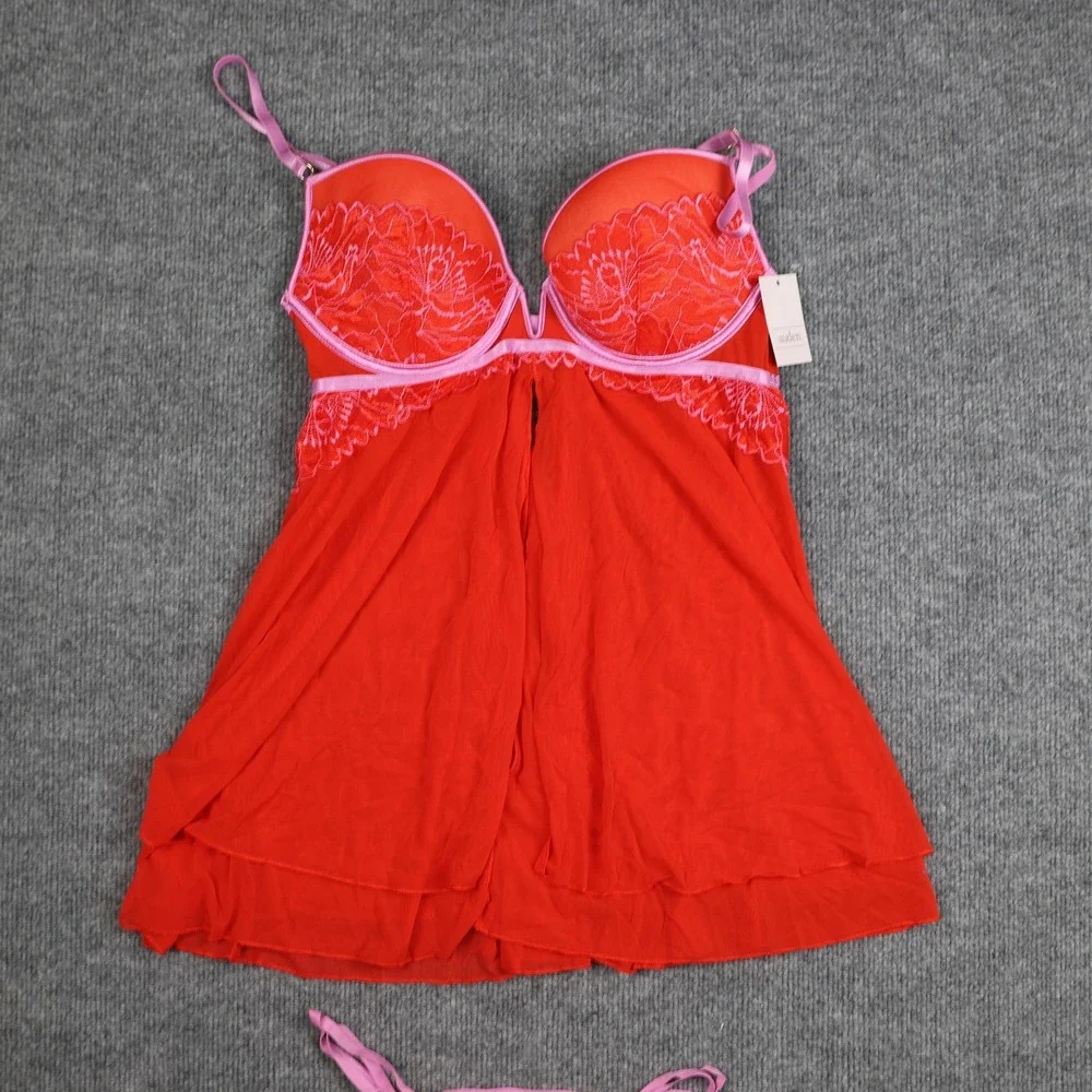Auden Babydoll Lingerie Set‎ Womens Medium Anthem Red Lace Thong 2 Piece EZ6YR